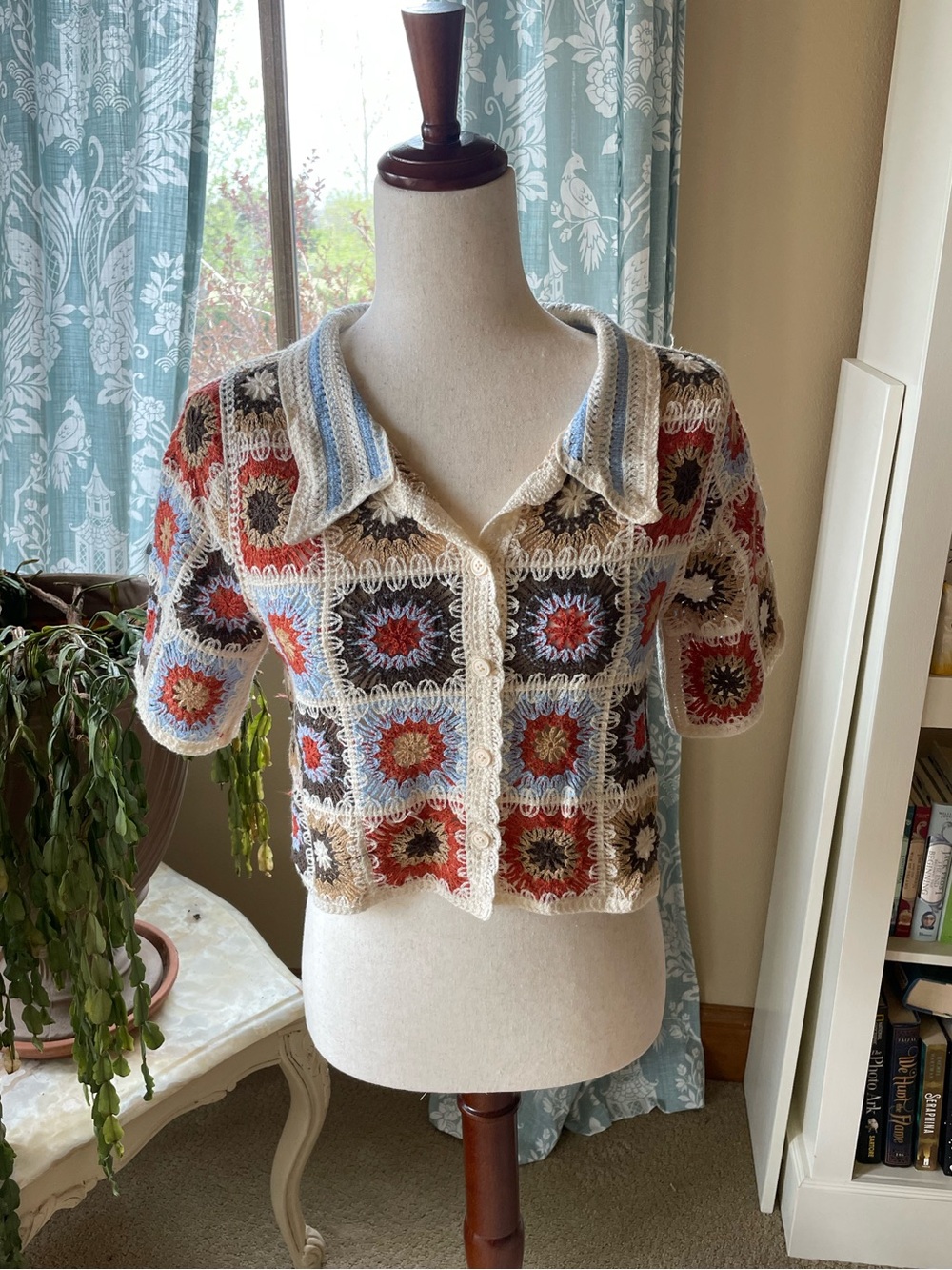granny square crocheted boxy button down top